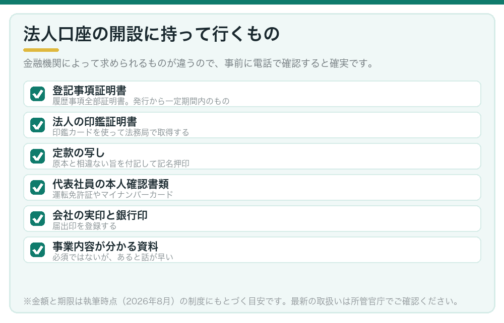 法人口座の開設に持って行くもの