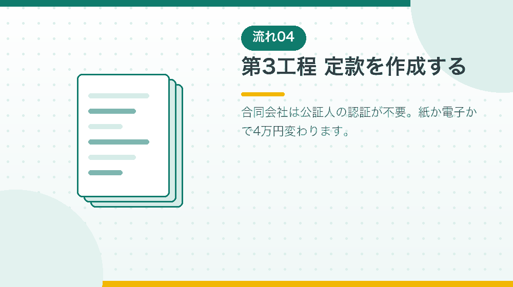 第3工程|定款を作成する。合同会社に認証が不要な理由も解説|合同会社の会社設立の解説イラスト