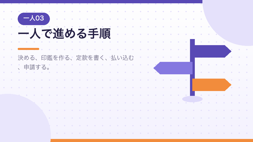 一人で会社設立をする手順を、順を追って解説する|合同会社の会社設立の解説イラスト